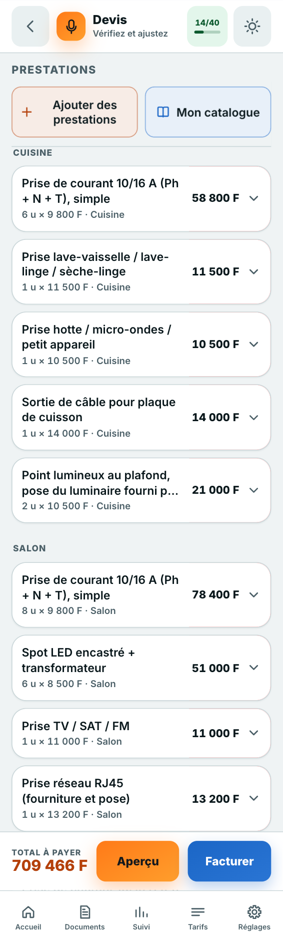 L'application sur un téléphone : le devis chiffré, ligne par ligne, avec le total à payer.