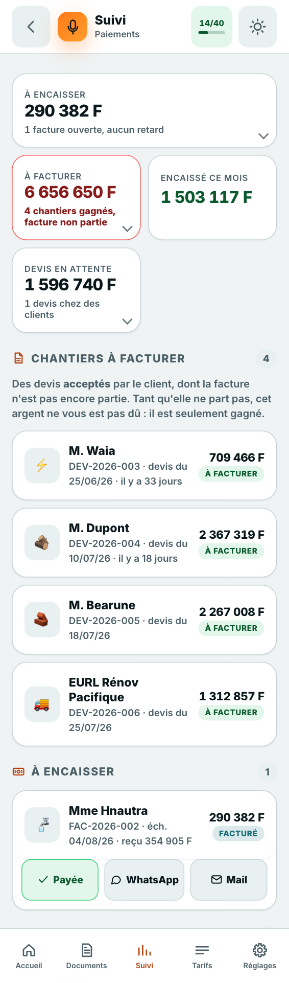 L'écran de suivi : ce qui reste à encaisser, ce qui l'a été ce mois, les devis en attente.